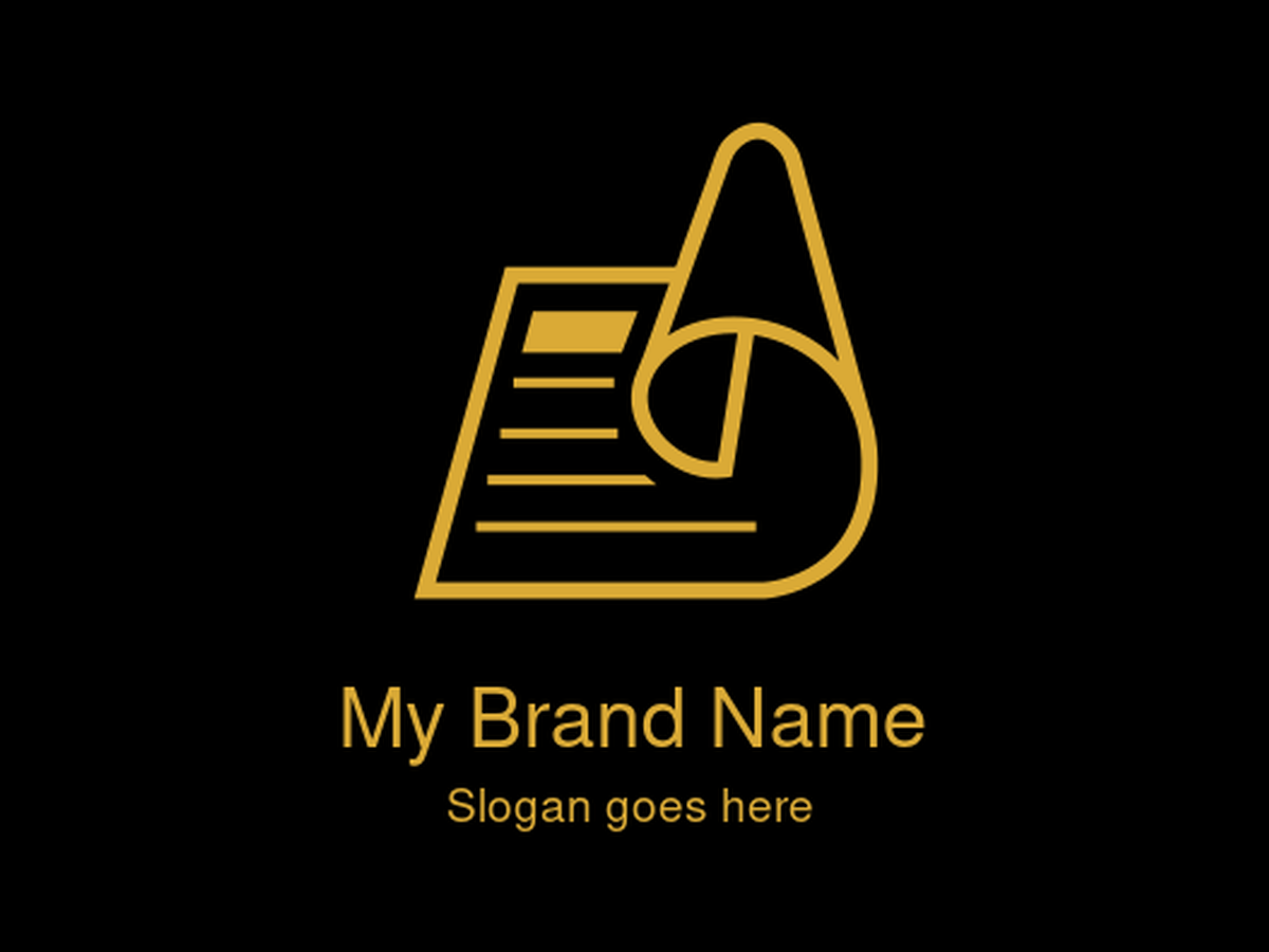 Abstract Golden Outline Document with Chart and Rolled Page Logo for Business Analytics, Financial Reporting, Data Visualization, or Consulting Services